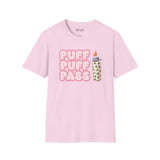Puff Puff Pass T Shirt featuring a retro-style graphic on a pink tee with a lighter illustration.