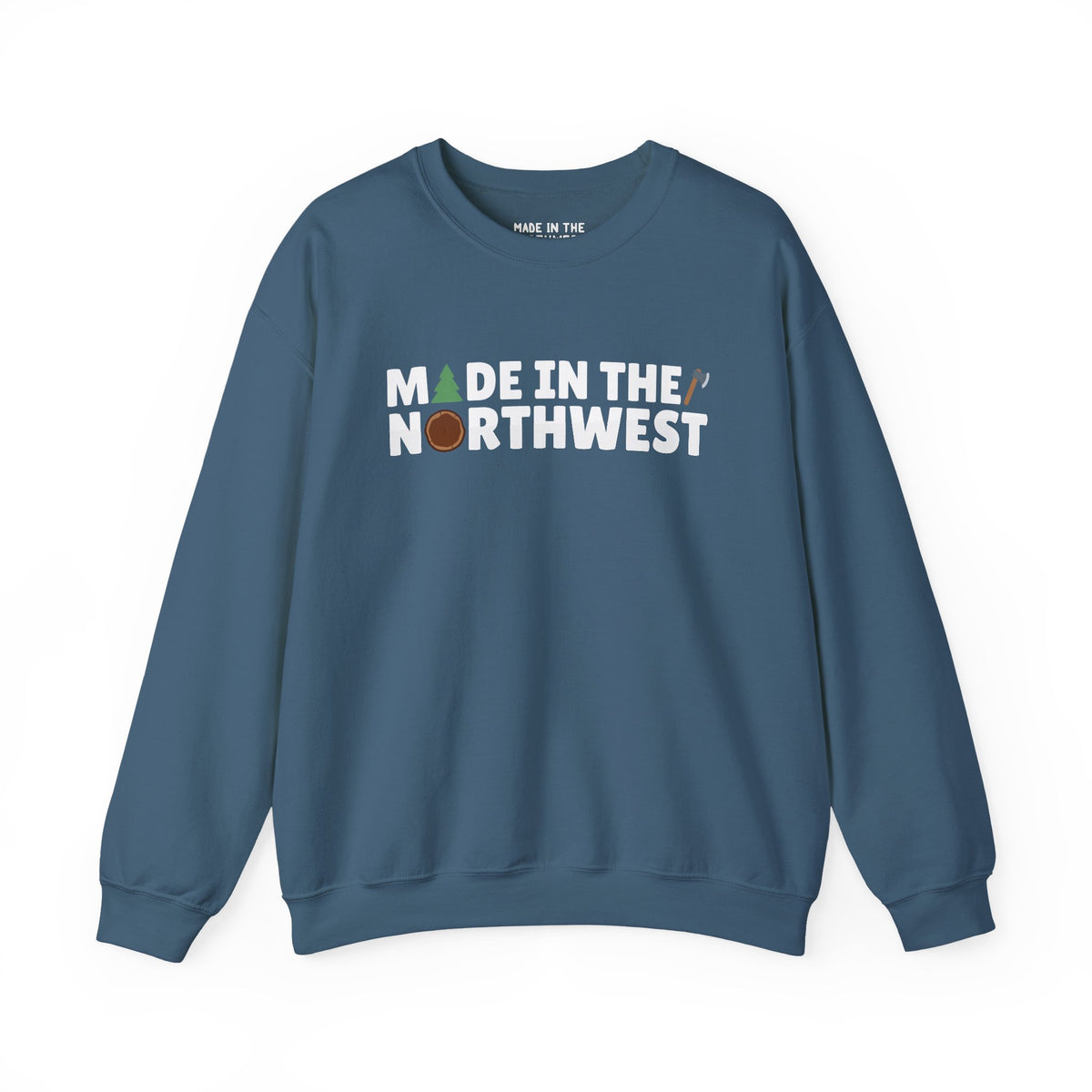 Cozy blue sweatshirt featuring 'Made in the Northwest' text, perfect for outdoor enthusiasts and nature lovers.