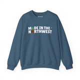Cozy blue sweatshirt featuring 'Made in the Northwest' text, perfect for outdoor enthusiasts and nature lovers.