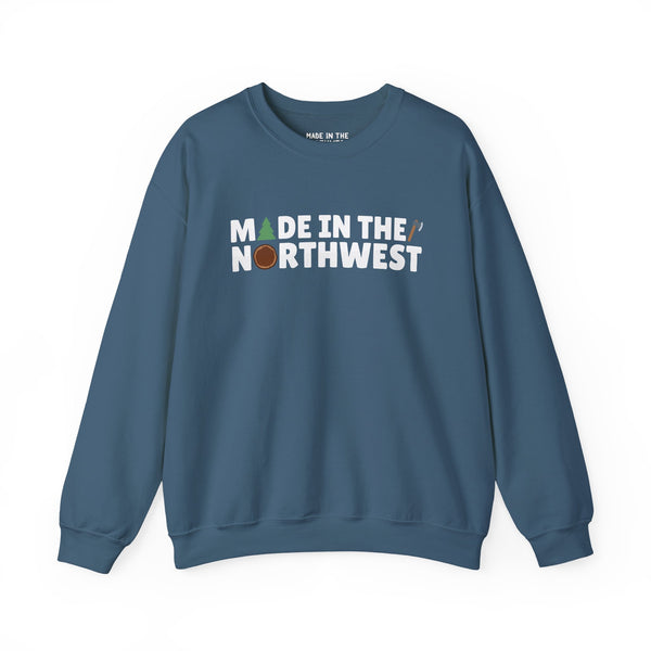 Cozy blue sweatshirt featuring 'Made in the Northwest' text, perfect for outdoor enthusiasts and nature lovers.