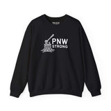 PNW Strong Crewneck Sweatshirt featuring bold axe-in-stump design, perfect for Pacific Northwest enthusiasts.