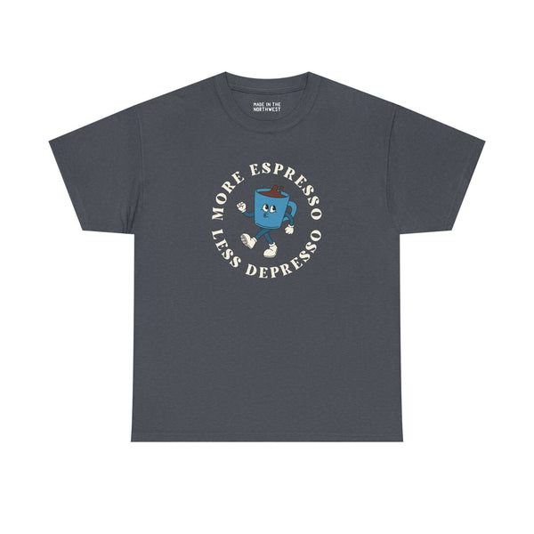 More Espresso Less Depresso Athletic Tee featuring a coffee cup graphic promoting positivity and love for coffee.