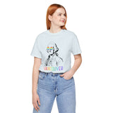 Woman wearing George's Rainbow Vision Vancouver tee with rainbow lettering and George Washington graphic.