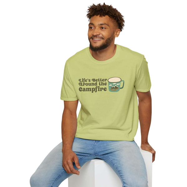 Unisex softstyle t-shirt in light green with 'Life's Better Around the Campfire' graphic design.