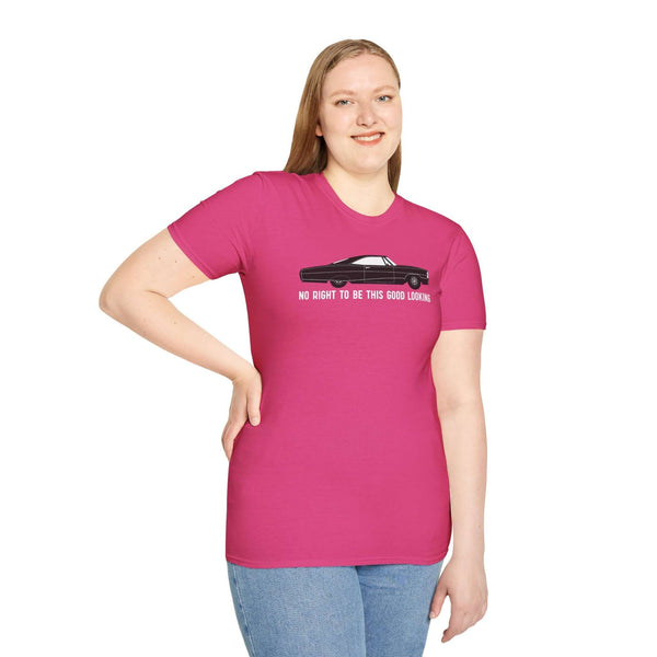 Owner wearing pink No Right to Be This Good Looking T-Shirt featuring 1965 Pontiac Bonneville Coupe design.