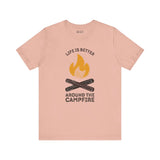 Cozy Campfire Chronicles Premium Soft Tee with campfire design, perfect for outdoor lovers and campers.