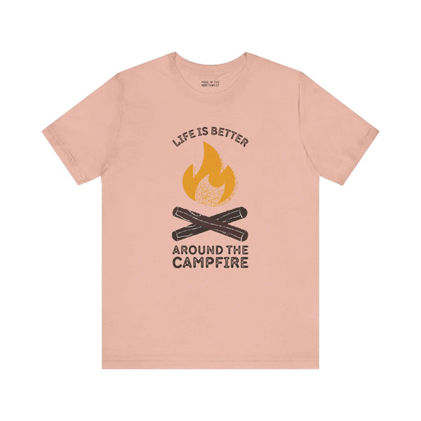 Cozy Campfire Chronicles Premium Soft Tee with campfire design, perfect for outdoor lovers and campers.