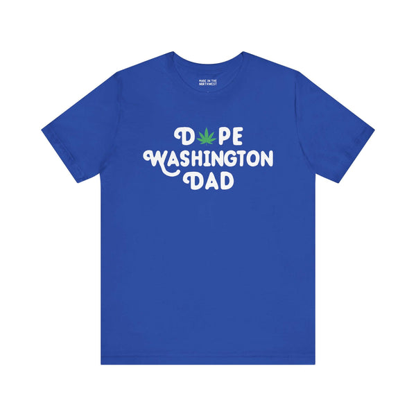 Blue 'Dope Washington Dad' tee with marijuana leaf design for laid-back, cool dads celebrating Washington pride.