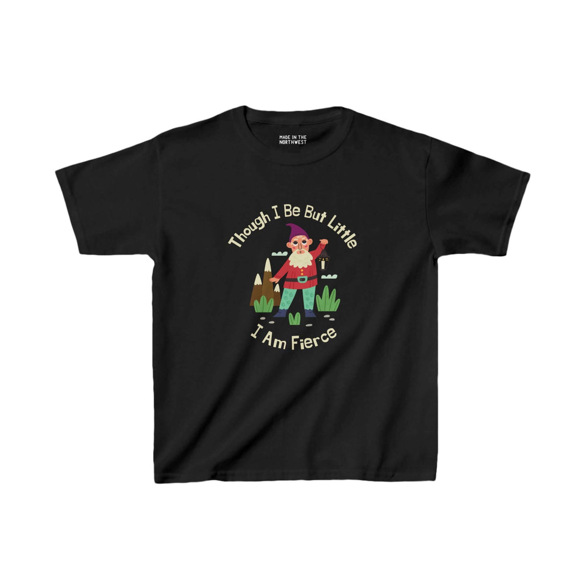 Kids' black t-shirt with colorful gnome and "Though I Be Little, I Am Fierce" text inspired by Shakespeare's play.