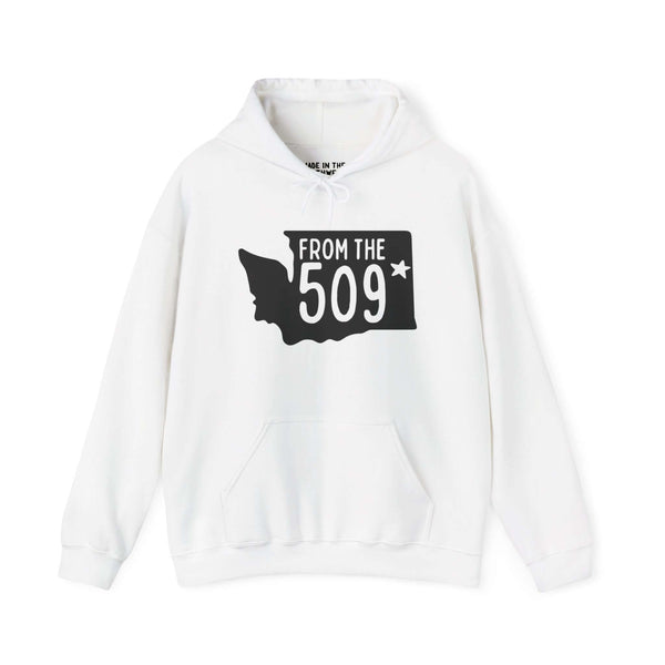 White hoodie with "From the 509" and Washington state silhouette, featuring a star for Spokane, showcasing local pride.