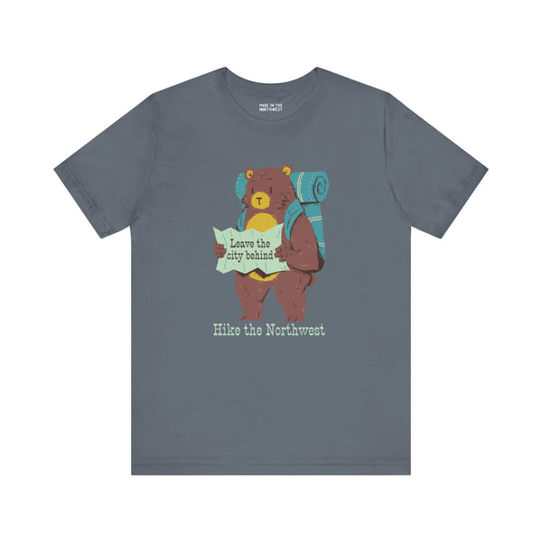 Bear's Big Northwest Adventure Tee with bear, backpack, and map on gray shirt, perfect for outdoor-loving kids and hikers.