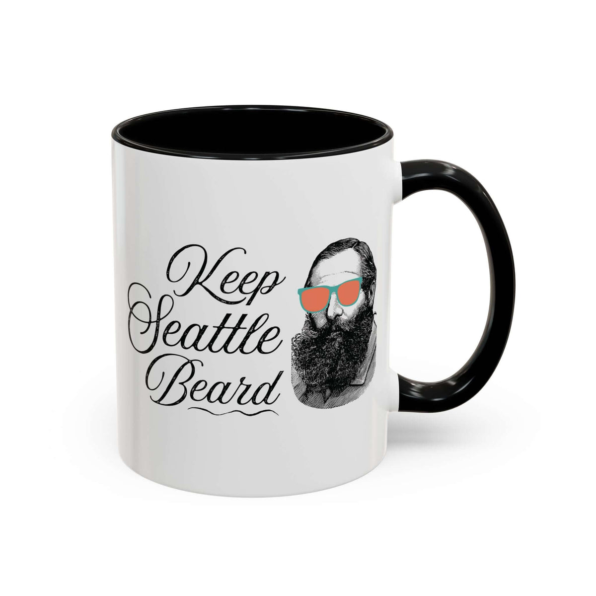 Keep Seattle Beard Ceramic Coffee Mug featuring a vintage bearded man with funky sunglasses.