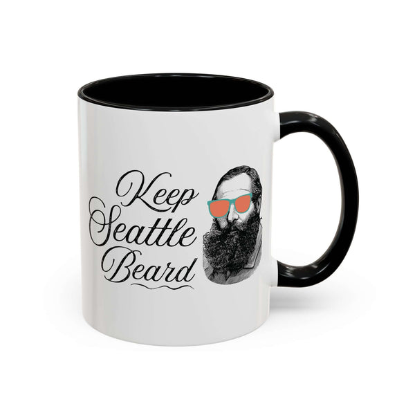 Keep Seattle Beard Ceramic Coffee Mug featuring a vintage bearded man with funky sunglasses.