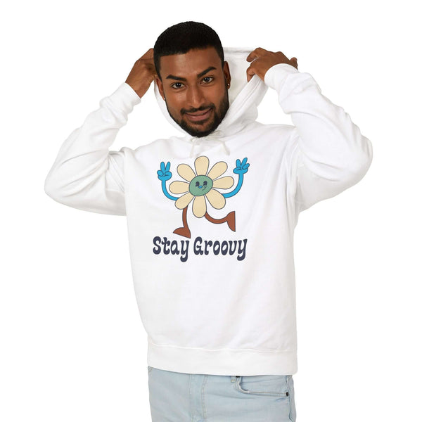 Stay Groovy Hoodie – Retro Daisy Peace Sign Sweatshirt worn by a model with a cheerful flower graphic.