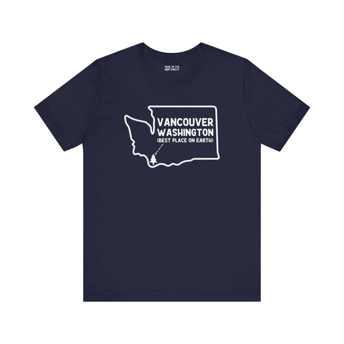 Vancouver Washington soft tee with state outline and tree icon, showcasing Pacific Northwest pride and style.