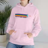 Model wearing a pink hoodie with the text 'Too Gay To Think Straight' and a paint roller graphic.