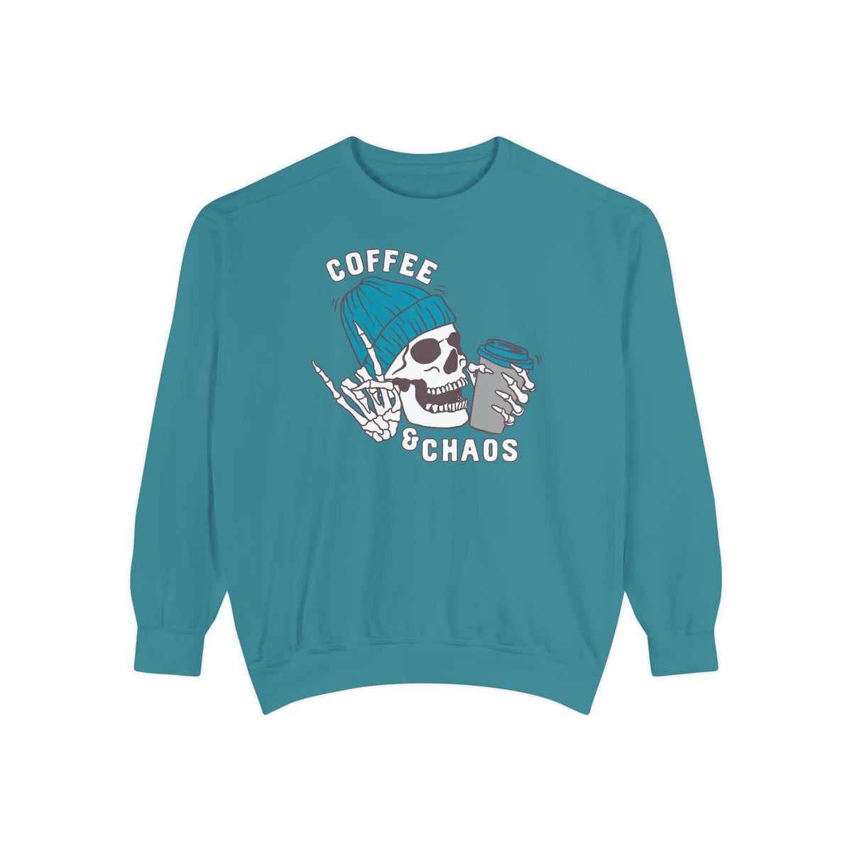 Coffee and Chaos Sweatshirt – Caffeinated Skeleton Crewneck design with a bold skeleton holding coffee.
