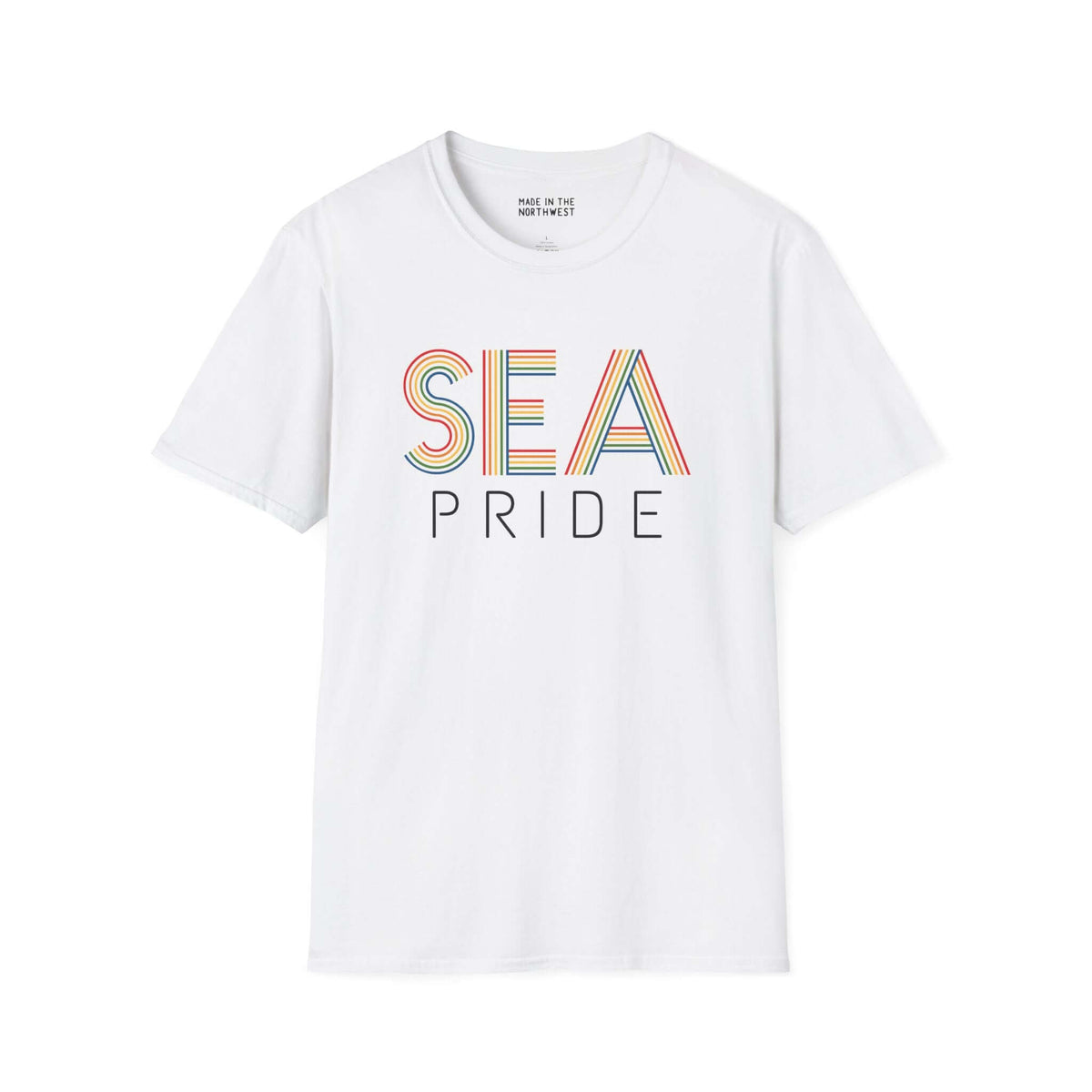 Pride in SEA Rainbow Softstyle T-Shirt featuring vibrant city lettering on a white background.