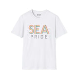 Pride in SEA Rainbow Softstyle T-Shirt featuring vibrant city lettering on a white background.