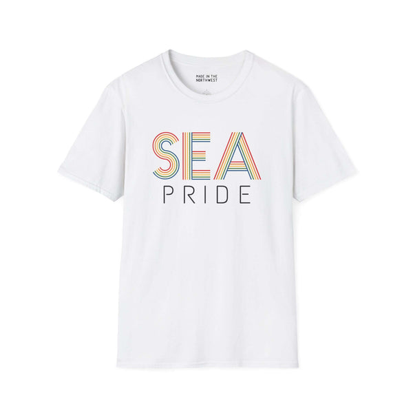 Pride in SEA Rainbow Softstyle T-Shirt featuring vibrant city lettering on a white background.
