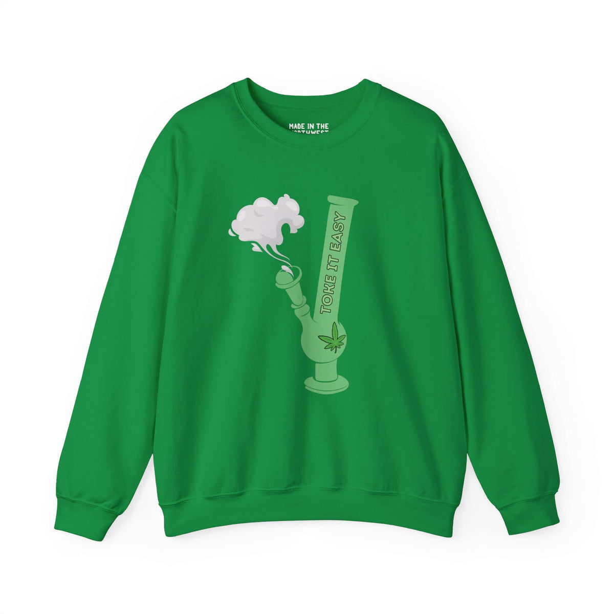 Green cannabis-themed sweatshirt with bong and leaf graphic, "Toke It Easy" design, capturing PNW's relaxed vibe.