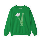 Green cannabis-themed sweatshirt with bong and leaf graphic, 