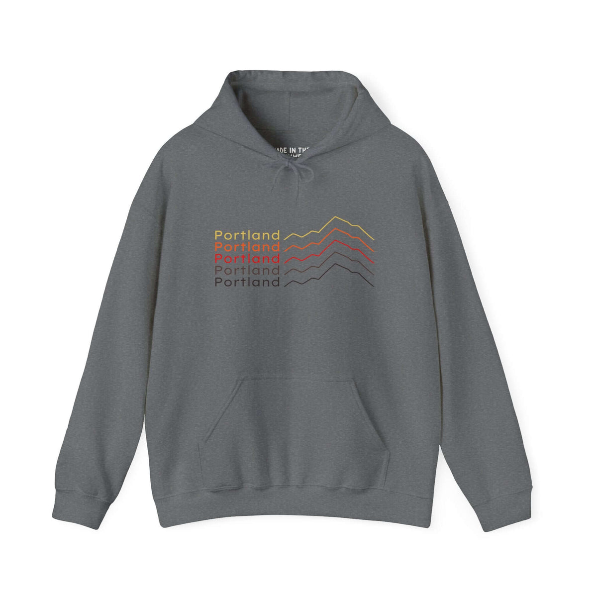 Portland Minimalist Mountain hoodie featuring stacked mountain design in mid-century tones on a grey background.