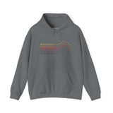 Portland Minimalist Mountain hoodie featuring stacked mountain design in mid-century tones on a grey background.