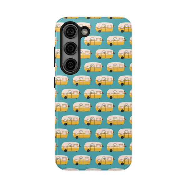 Happy Camper tough phone case featuring a vintage camper design, perfect for travel lovers and adventure enthusiasts.