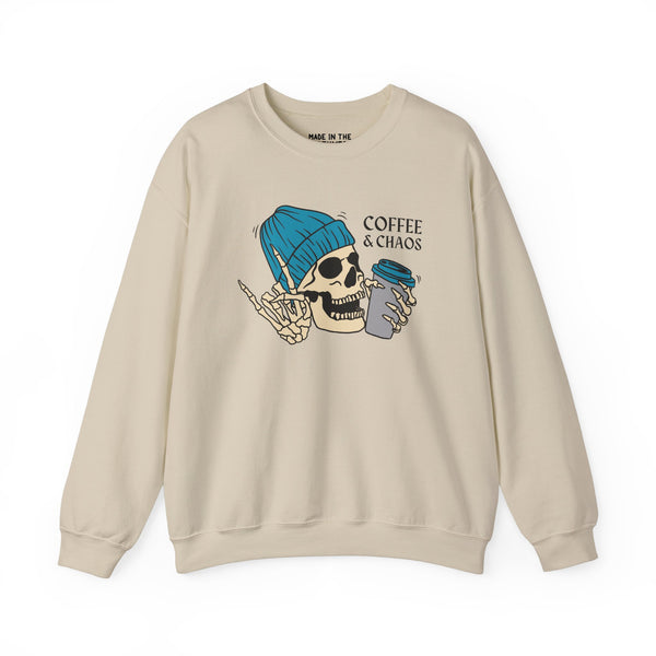 Coffee & Chaos skeleton sweatshirt with a blue beanie and coffee cup design, perfect for wild-at-heart coffee lovers.