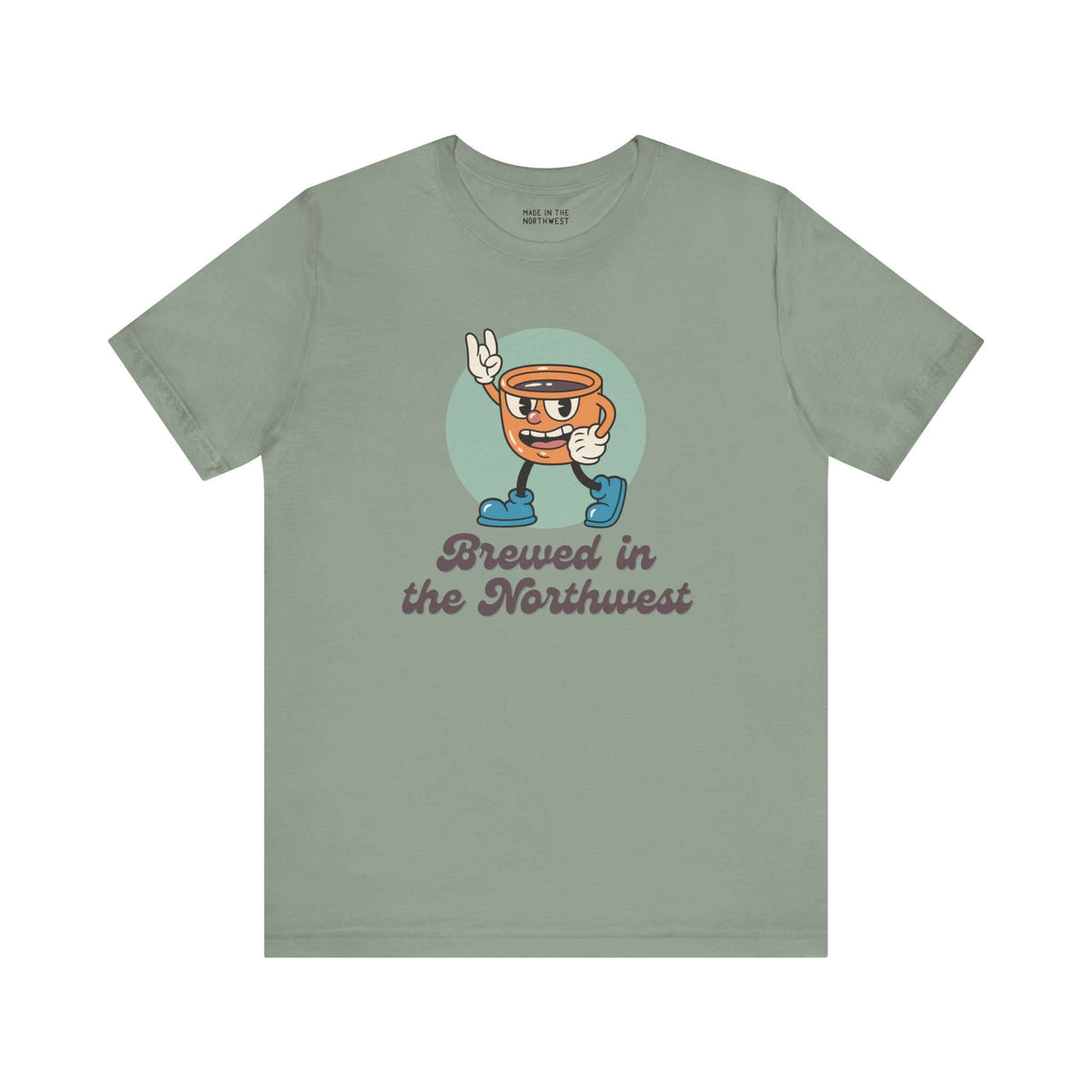 Brewed in Northwest coffee graphic tee in green for coffee lovers and PNW pride.