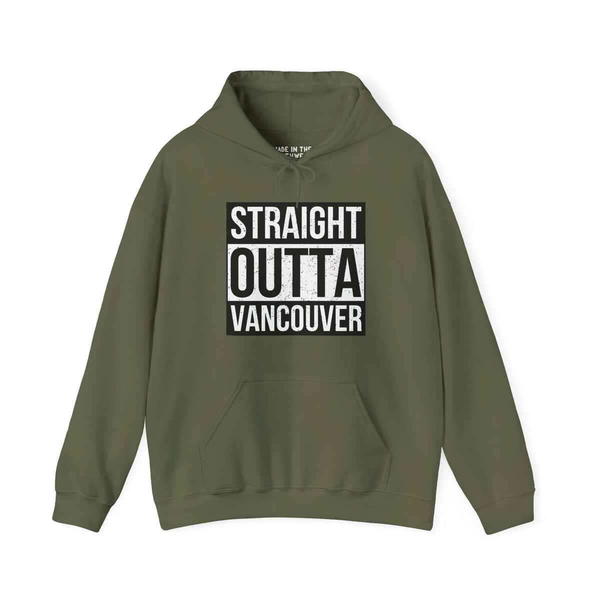 "Olive green hoodie with 'Straight Outta Vancouver' design, inspired by iconic streetwear style, showing local city pride"