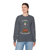 Say Hello to My Little Friend Sweatshirt featuring a gnome on a stump with an axe, combining whimsy and humor.