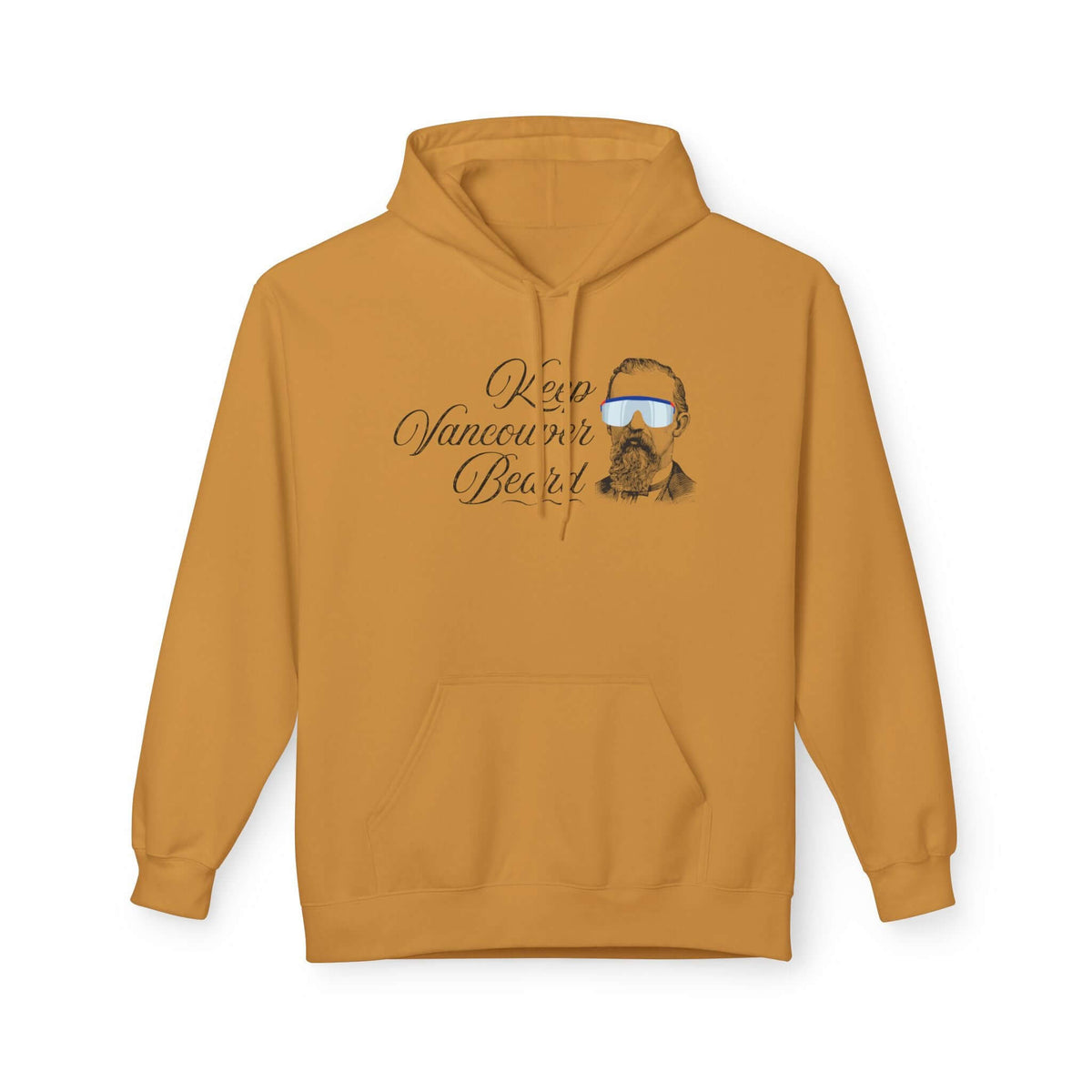 Keep Vancouver Beard Hoodie in golden yellow with vintage bearded design and cozy front pocket.