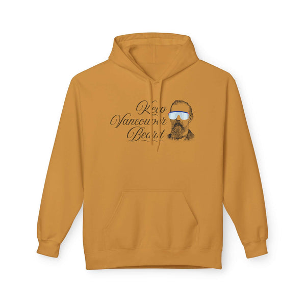 Keep Vancouver Beard Hoodie in golden yellow with vintage bearded design and cozy front pocket.