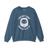 I Do Not Think Sasquatch cozy sweatshirt featuring a whimsical Bigfoot design and a philosophical pun.