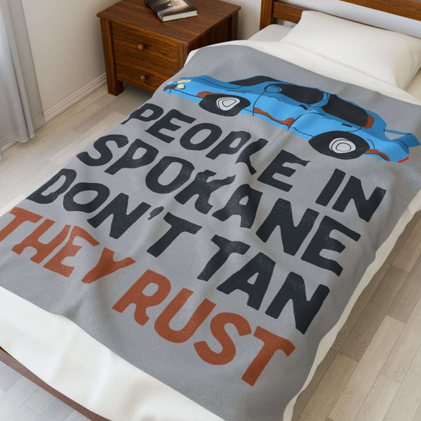 People in Spokane Don't Tan They Rust Lightweight Cozy Blanket featuring a vintage rusty car design.