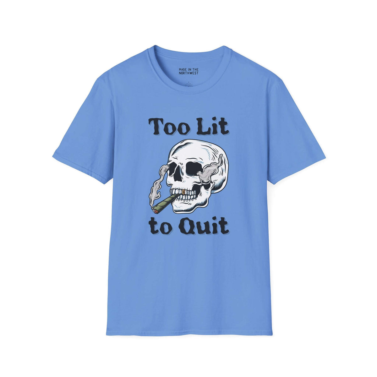 Too Lit to Quit weed smoking softstyle t-shirt featuring a laid-back skull smoking, perfect for relaxed vibes.