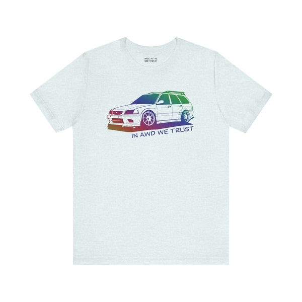 In AWD We Trust soft tee featuring a slammed Subaru WRX wagon design, perfect for car enthusiasts.