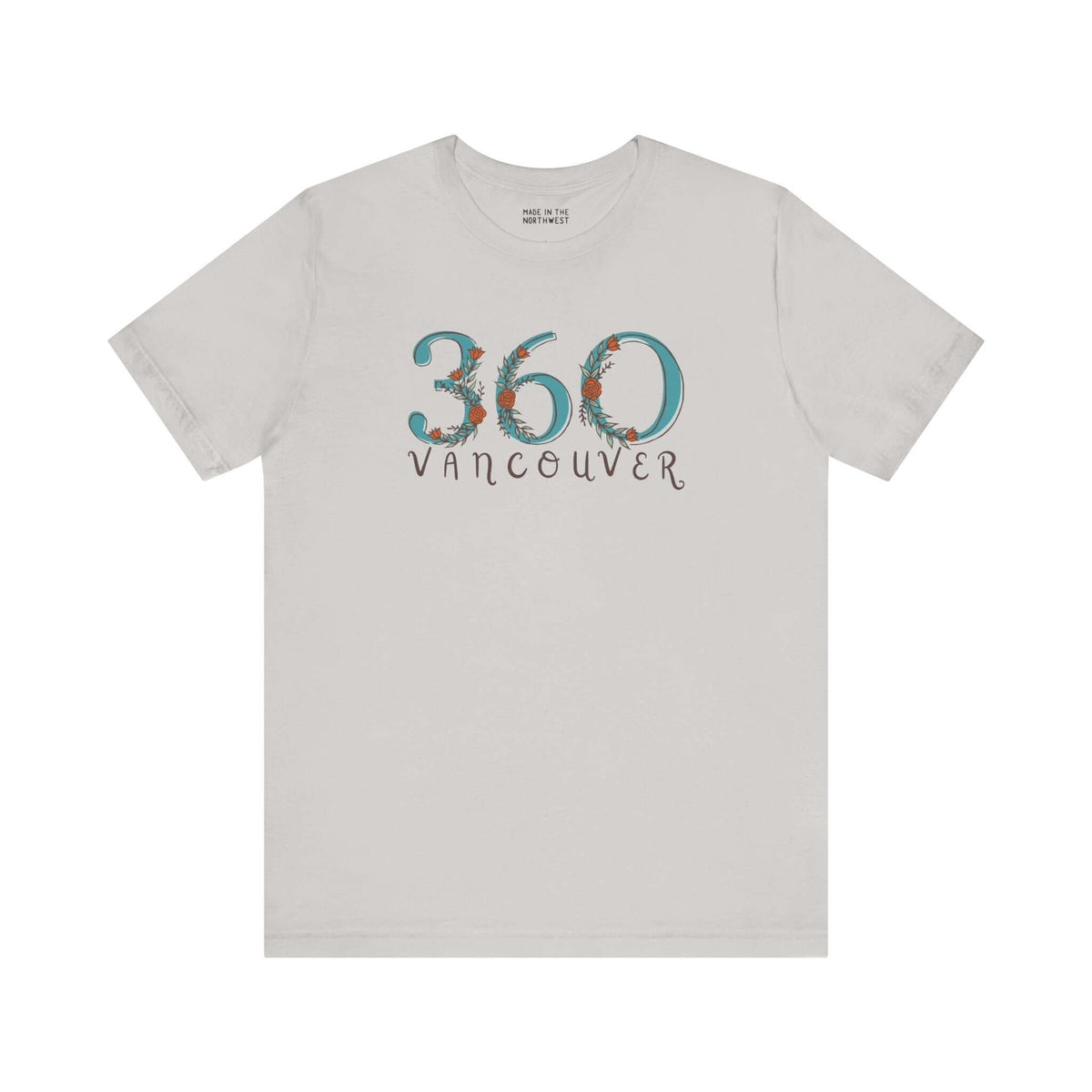 360 Floral Area Code tee in light gray, showcasing Vancouver design with nature-inspired elements.
