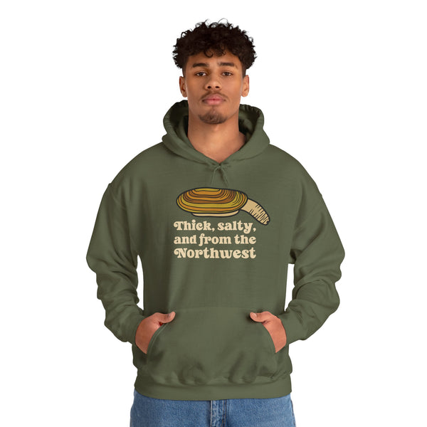 Thick & Salty Northwest Geoduck Clam Hoodie featuring a quirky clam graphic and humorous text.