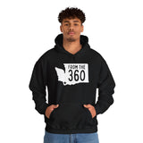 Black hoodie featuring Washington state silhouette and 'FROM THE 360' text, ideal for showing local pride.