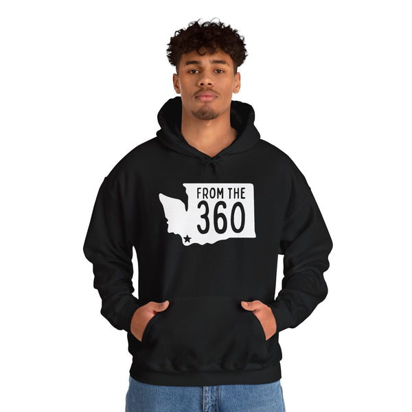 Black hoodie featuring Washington state silhouette and 'FROM THE 360' text, ideal for showing local pride.