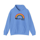 Blue hoodie featuring a rainbow design and Washington Pride text, perfect for celebrating LGBTQ+ diversity.