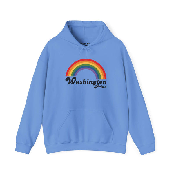 Blue hoodie featuring a rainbow design and Washington Pride text, perfect for celebrating LGBTQ+ diversity.
