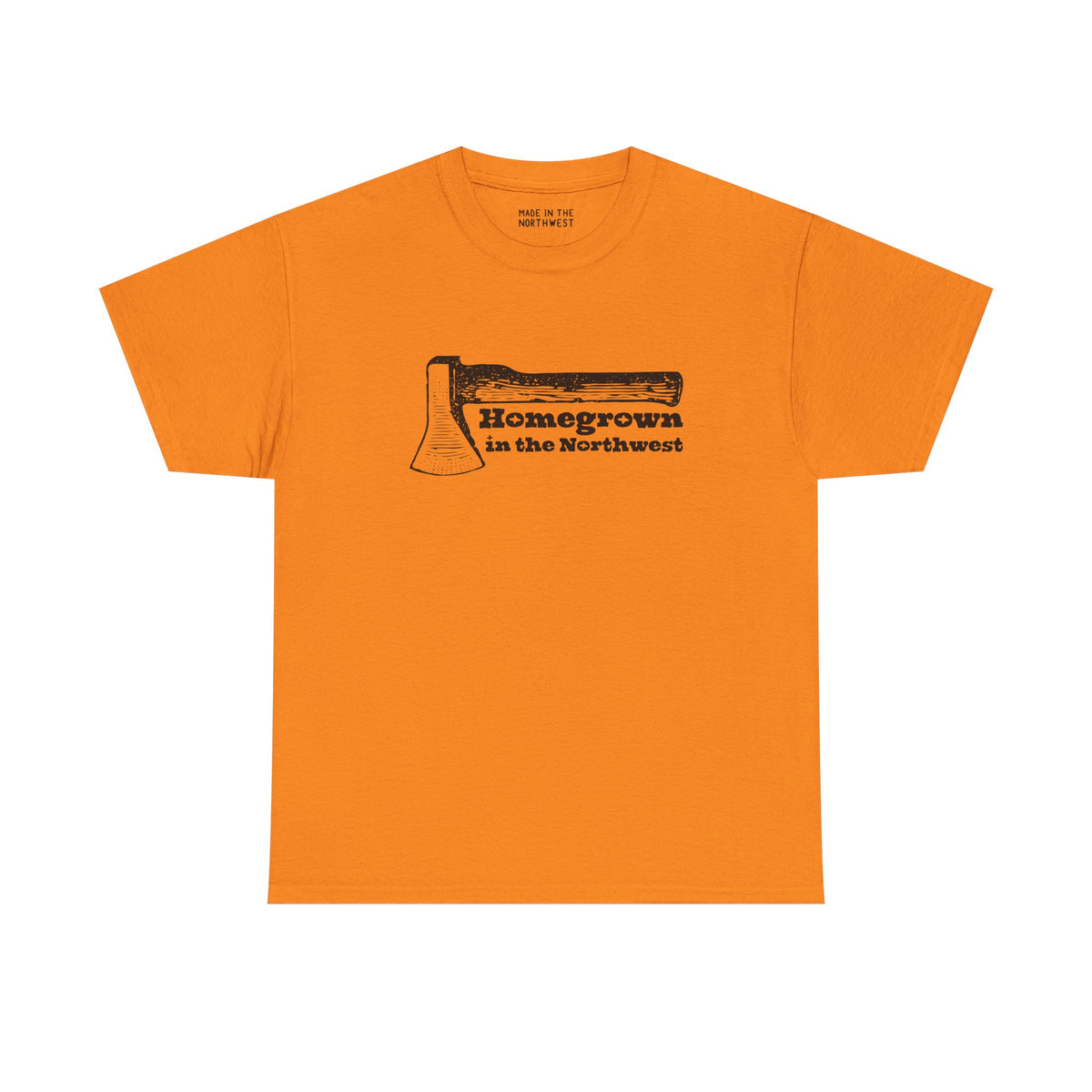 Orange Homegrown in the Northwest athletic tee featuring a rugged axe design, celebrating PNW spirit and resilience.