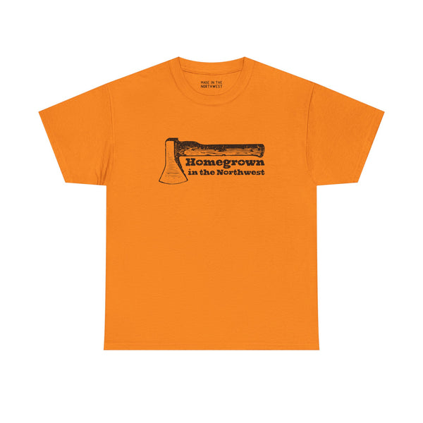 Orange Homegrown in the Northwest athletic tee featuring a rugged axe design, celebrating PNW spirit and resilience.