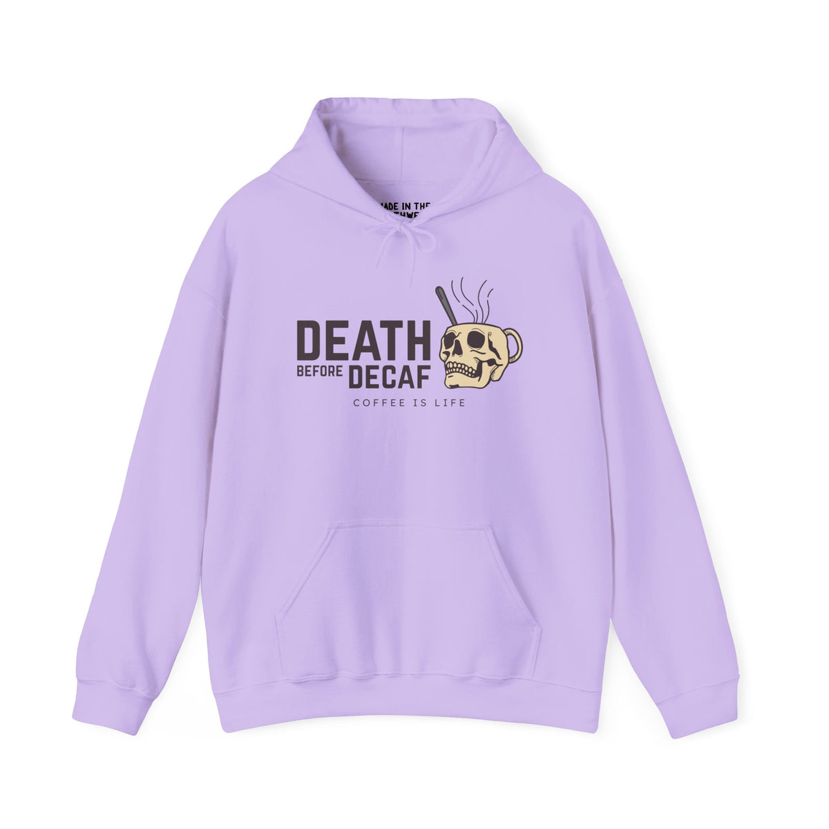 Death Before Decaf Skull Mug Cozy Hoodie in lavender, perfect for coffee enthusiasts who love caffeine.
