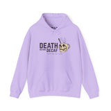 Death Before Decaf Skull Mug Cozy Hoodie in lavender, perfect for coffee enthusiasts who love caffeine.