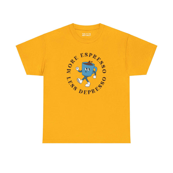 Bright yellow tee with "More Espresso Less Depresso" design and cheerful coffee cup graphic, perfect for coffee lovers.